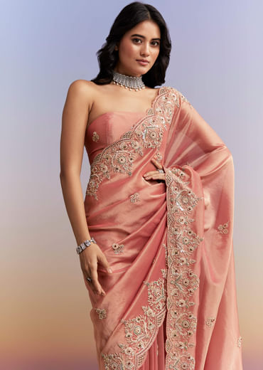 Peach Tissue Silk Saree With Heavy Hand Embroidery