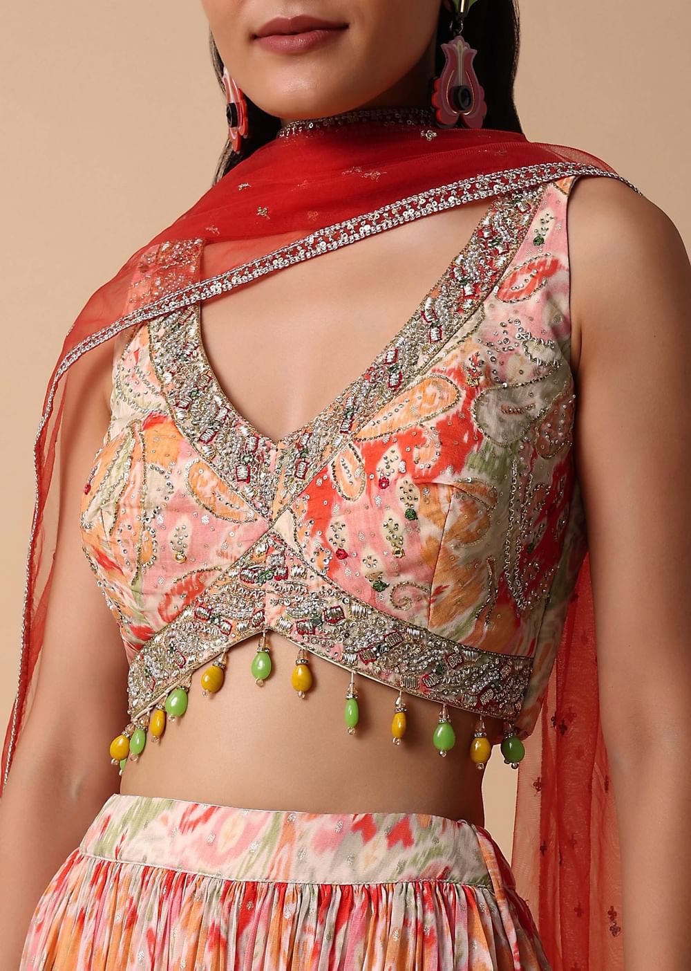 Peach And Orange Printed Lehenga Set