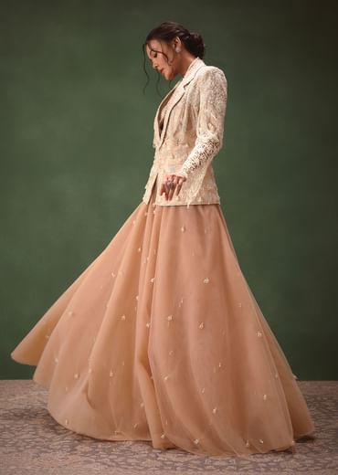 Peach Banarasi Embroidered Jacket With Palazzo And Suspender