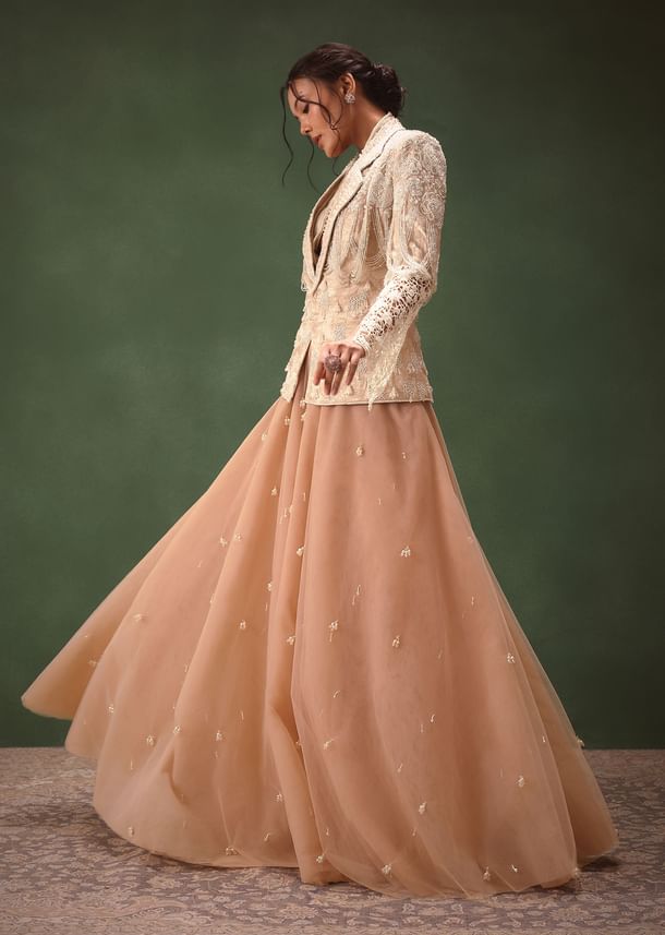 Peach Banarasi Embroidered Jacket With Palazzo And Suspender