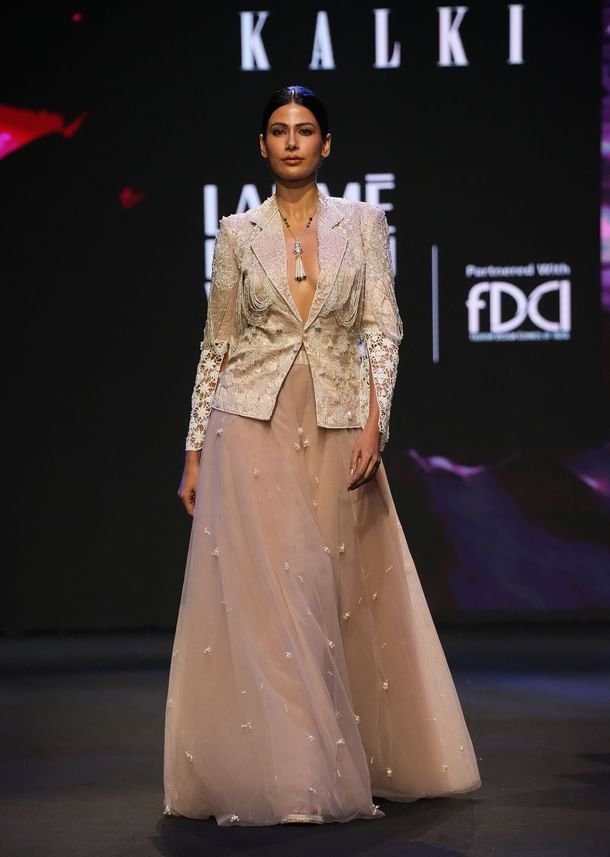 Peach Banarasi Embroidered Jacket With Palazzo And Suspender