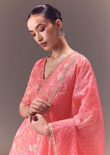 Peach Brocade Kurti With Sharara Pants And Dupatta