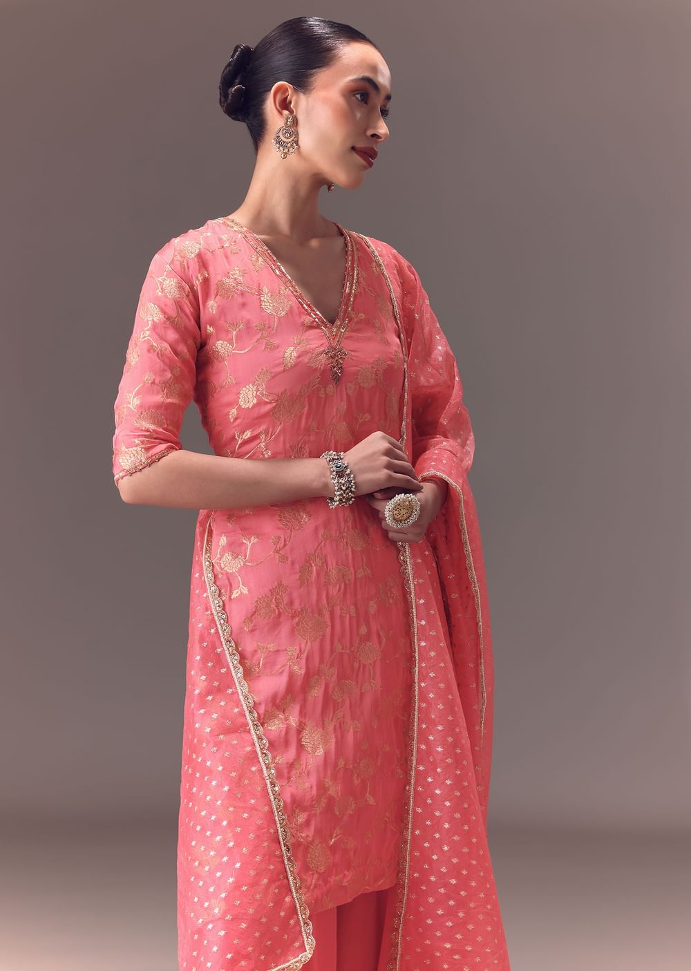 Peach Brocade Kurti With Sharara Pants And Dupatta