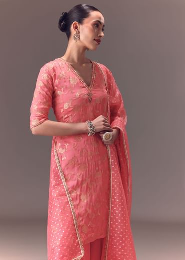 Peach Brocade Kurti With Sharara Pants And Dupatta