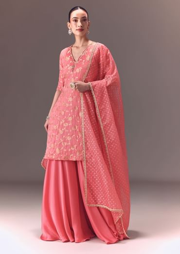 Peach Brocade Kurti With Sharara Pants And Dupatta