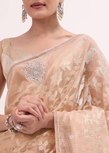 Peach Chanderi Saree With Unstitched Blouse