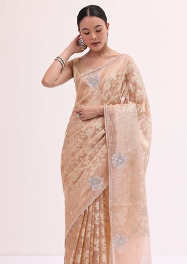 Peach Chanderi Saree With Unstitched Blouse