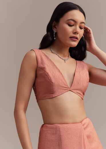 Peach Crushed Tissue Saree With Cutdana And Sequins Jaal Work