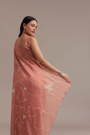 Peach Crushed Tissue Saree With Cutdana And Sequins Jaal Work