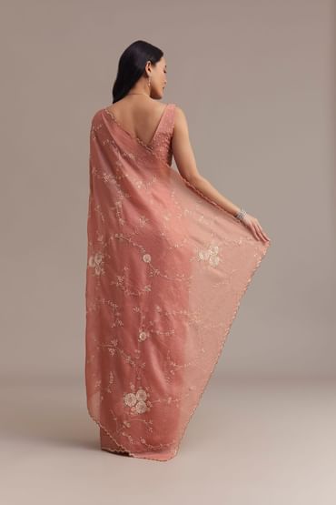 Peach Crushed Tissue Saree With Cutdana And Sequins Jaal Work