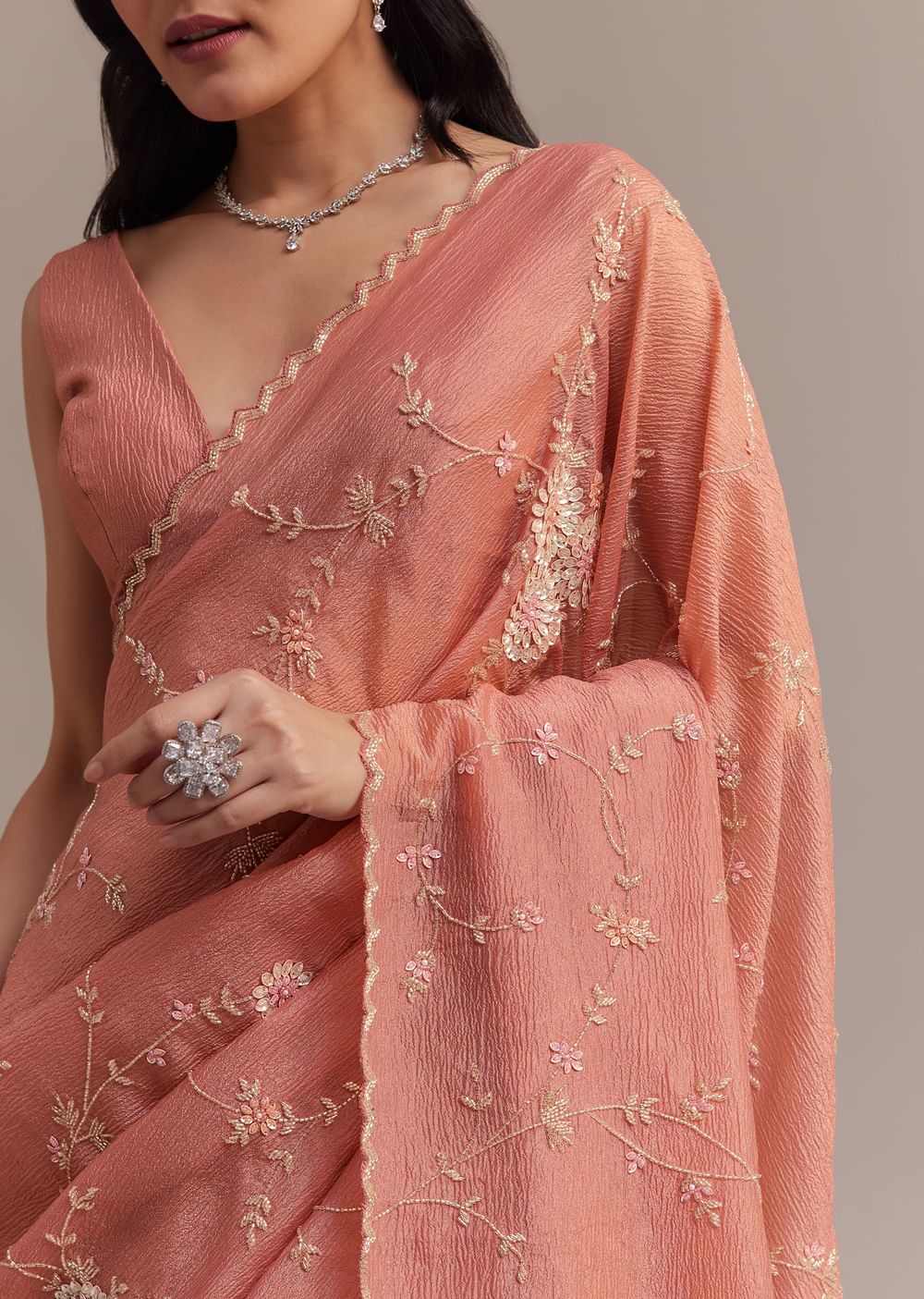Peach Crushed Tissue Saree With Cutdana And Sequins Jaal Work