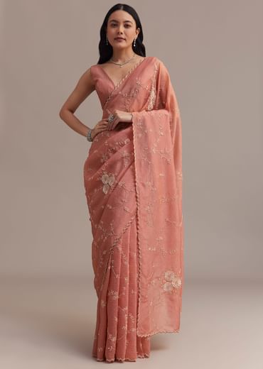 Peach Crushed Tissue Saree With Cutdana And Sequins Jaal Work