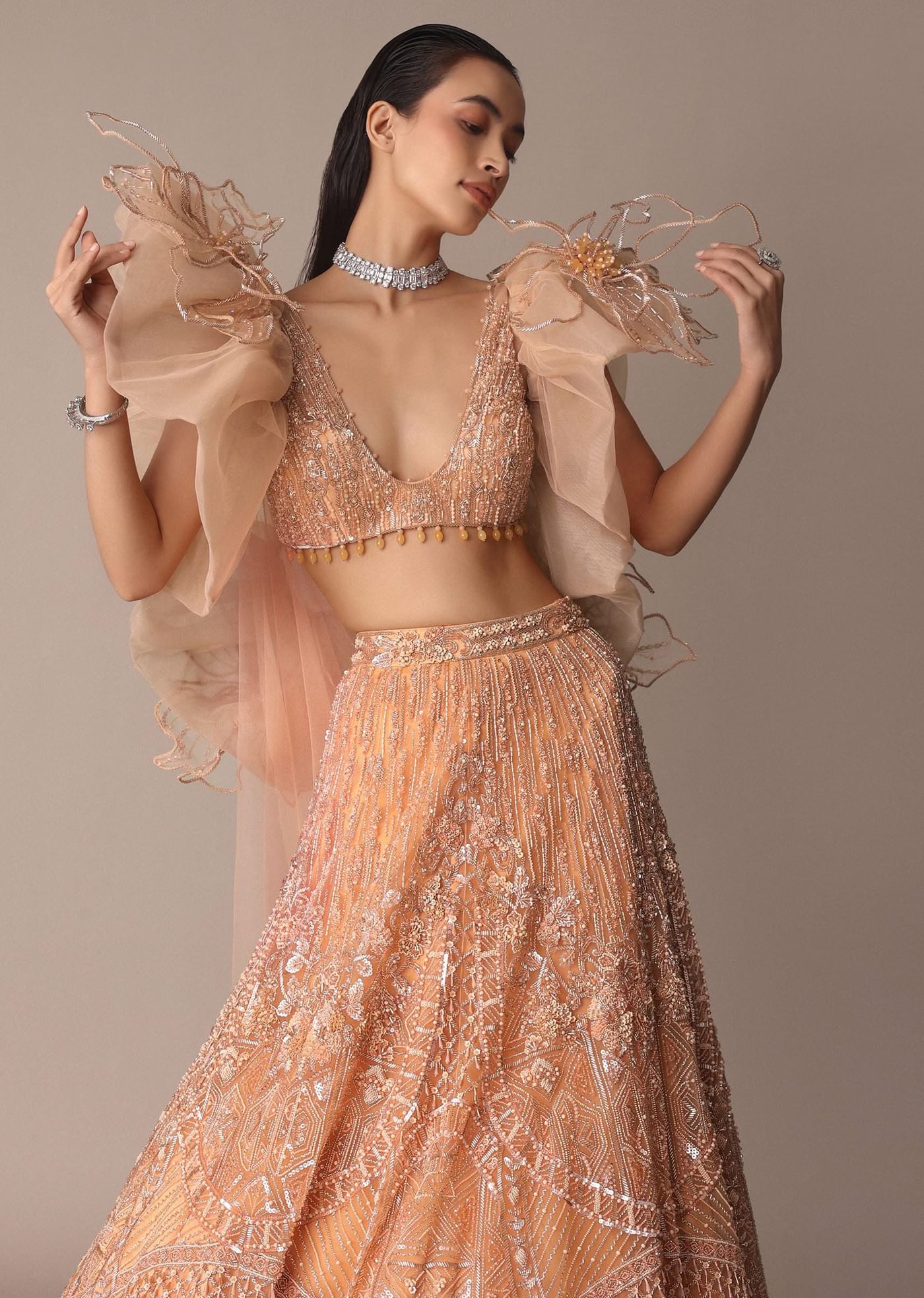 Peach Zardosi Lehenga With Dramatic Net Sleeves Blouse