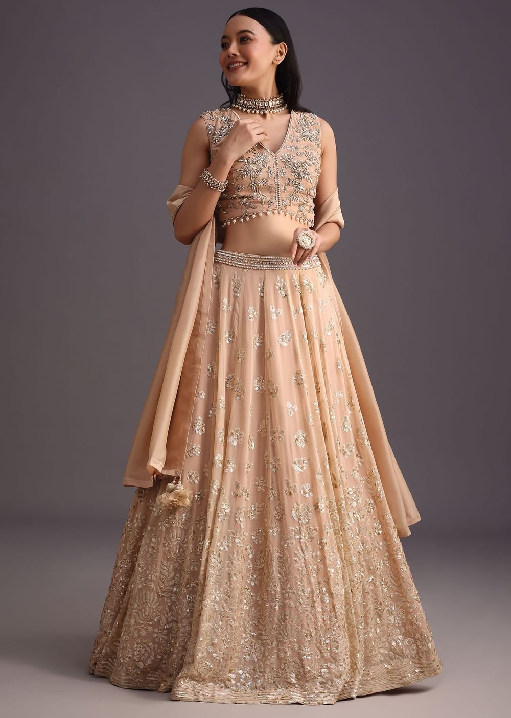 Peach Embroidered Choli And Sequin Work Lehenga With Organza Dupatta