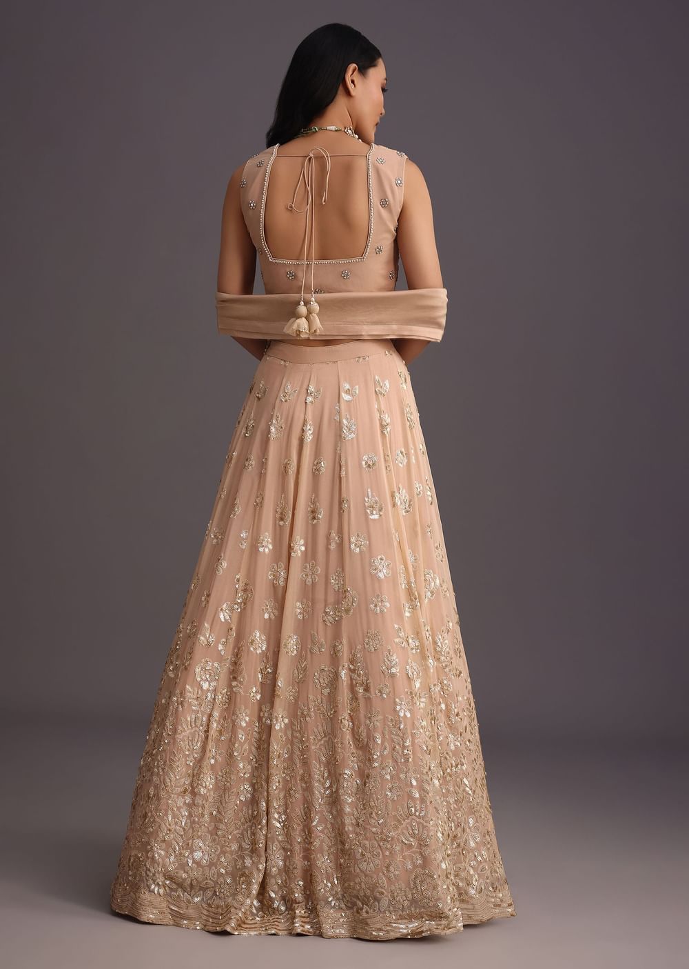 Peach Embroidered Choli And Sequin Work Lehenga With Organza Dupatta