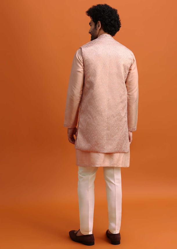 Peach Embroidered Kurta Jacket Set For Men