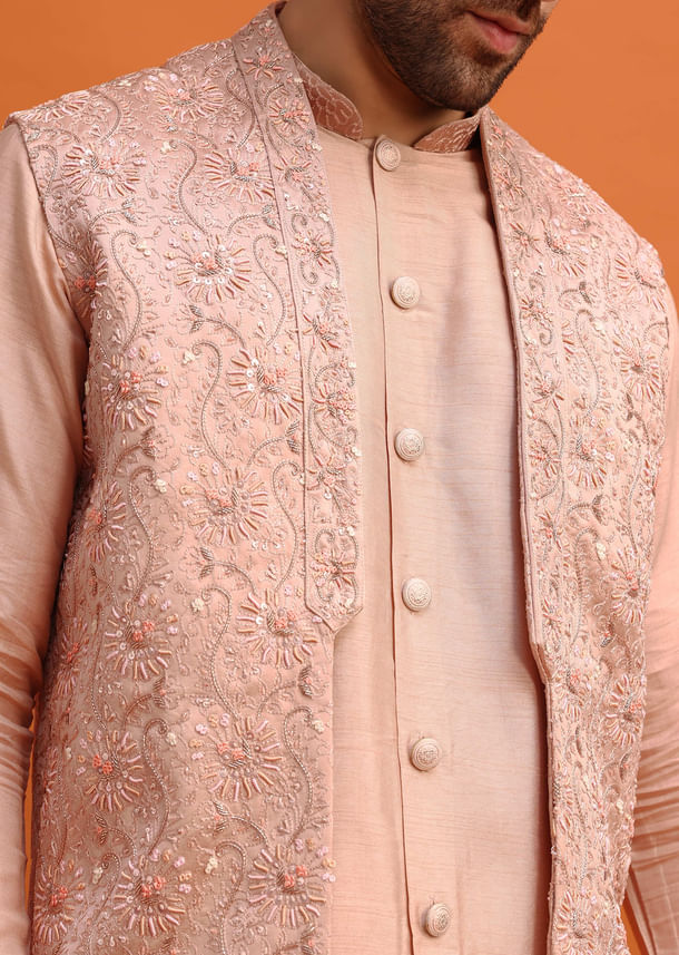 Peach Embroidered Kurta Jacket Set For Men