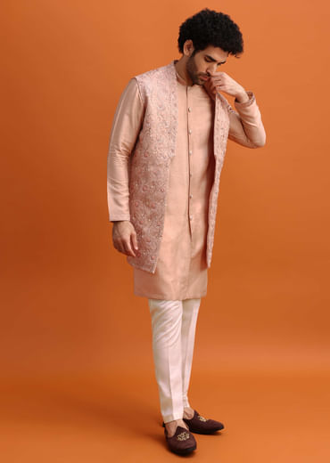 Peach Embroidered Kurta Jacket Set For Men