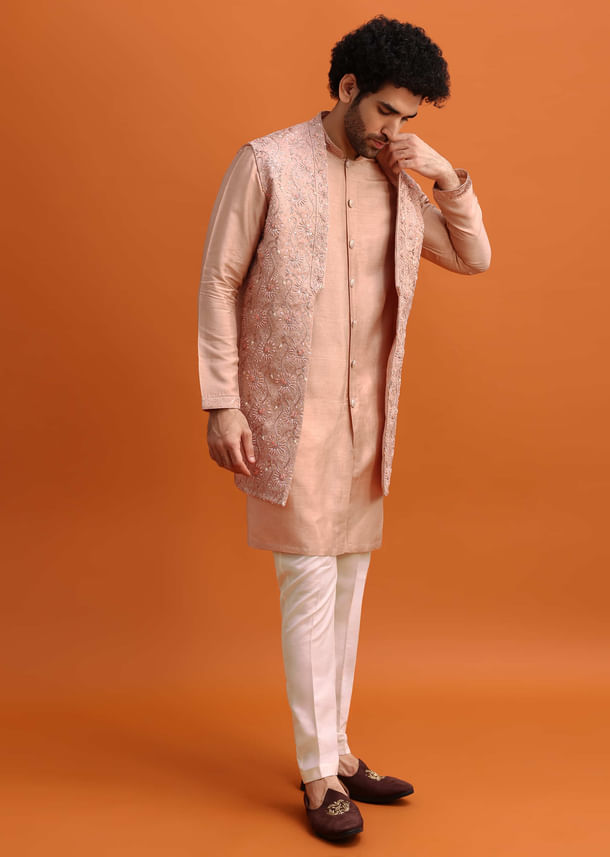 Peach Embroidered Kurta Jacket Set For Men