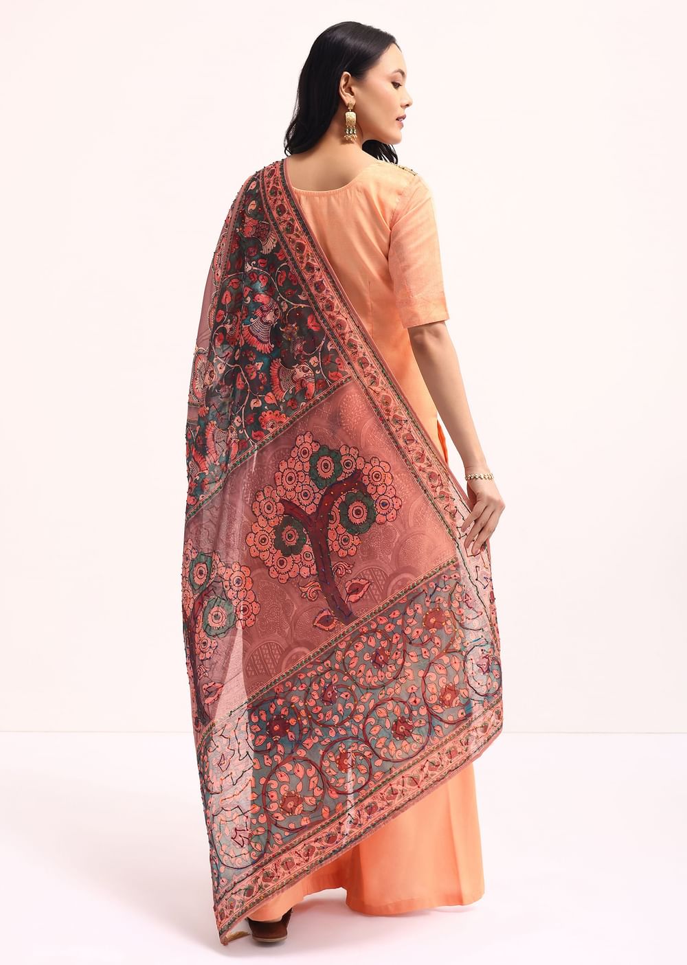 Peach Embroidered Kurta Palazzo Set With Kalamkari Dupatta