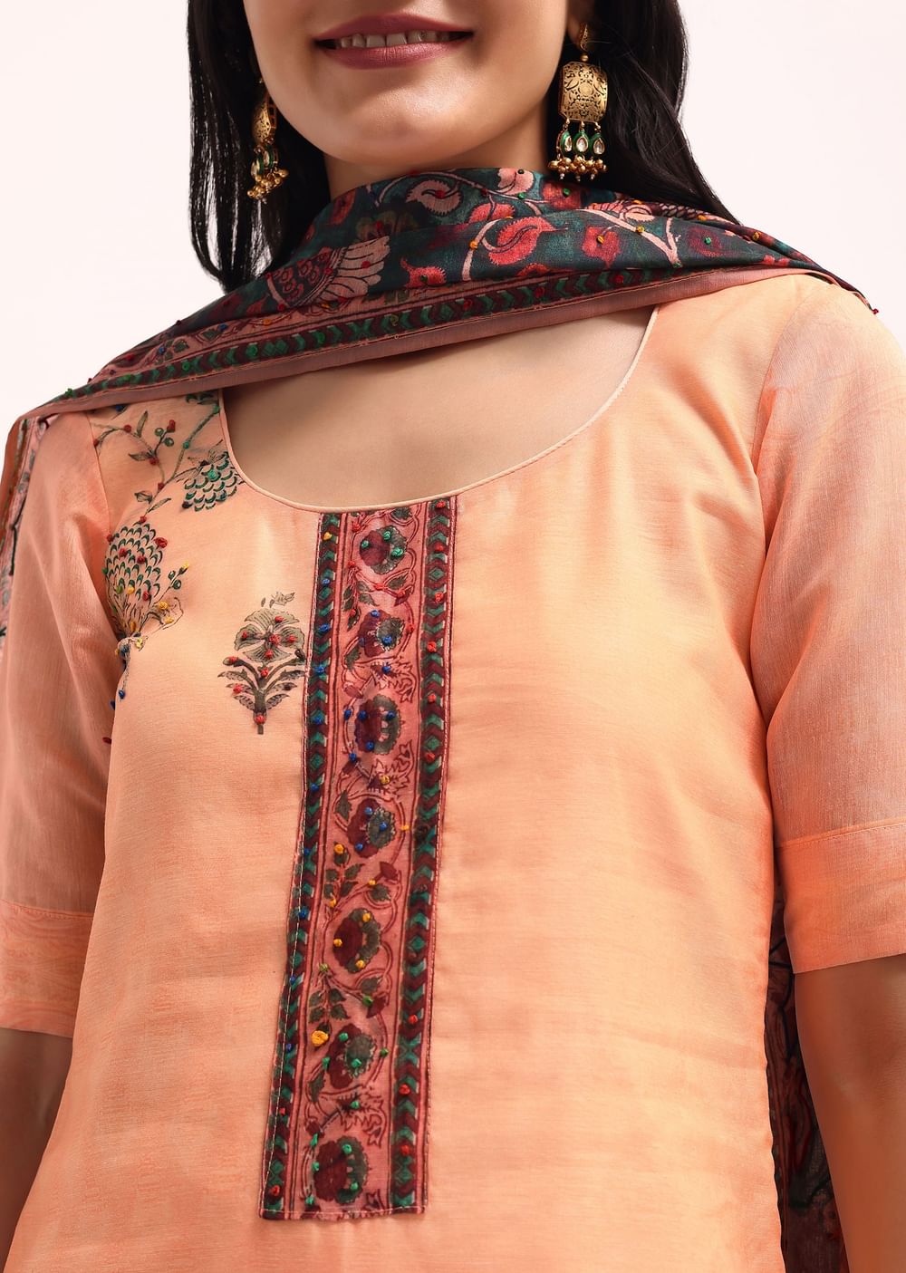 Peach Embroidered Kurta Palazzo Set With Kalamkari Dupatta