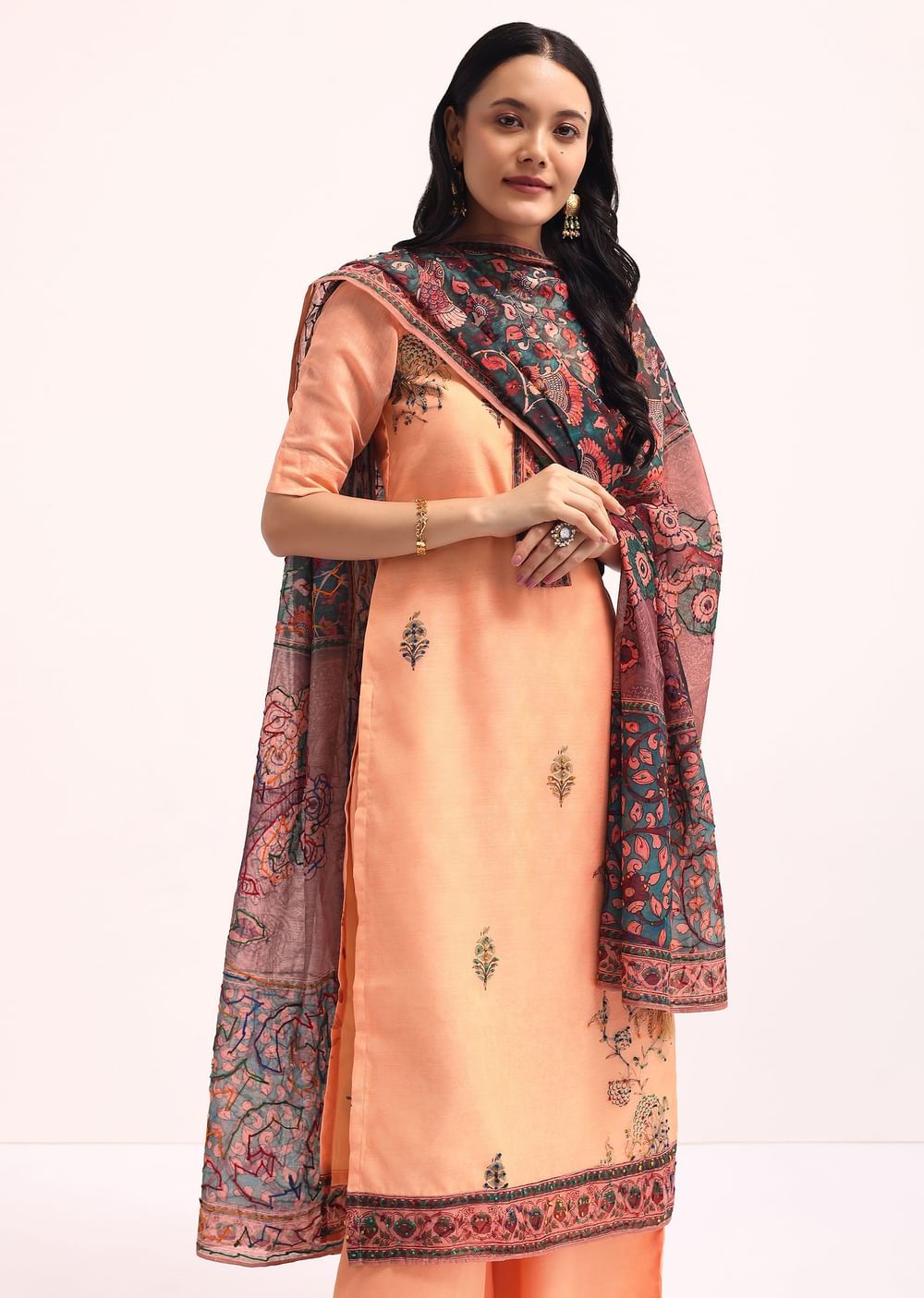 Peach Embroidered Kurta Palazzo Set With Kalamkari Dupatta