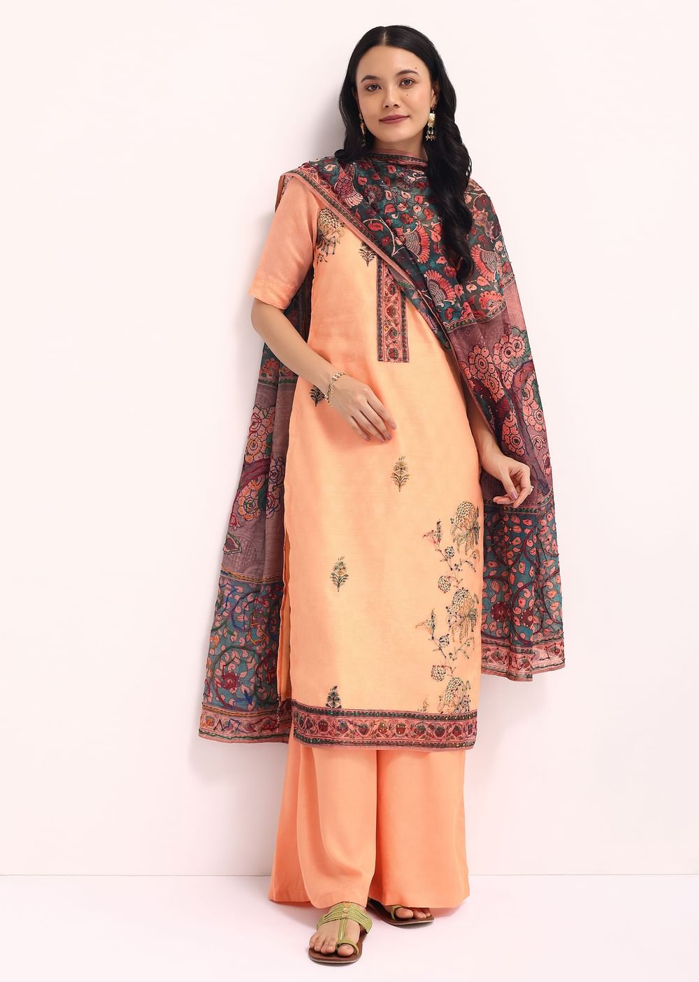 Peach Embroidered Kurta Palazzo Set With Kalamkari Dupatta