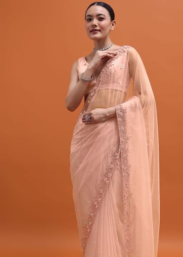Powder Pink Embroidered Net Saree With Unstitched Blouse