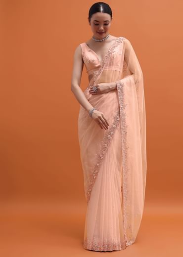 Powder Pink Embroidered Net Saree With Unstitched Blouse