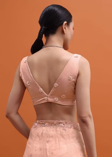 Powder Pink Embroidered Net Saree With Unstitched Blouse