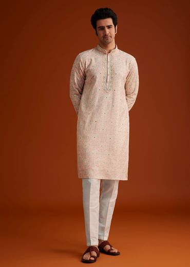 Peach Embroidered Silk Kurta Set With Resham Work