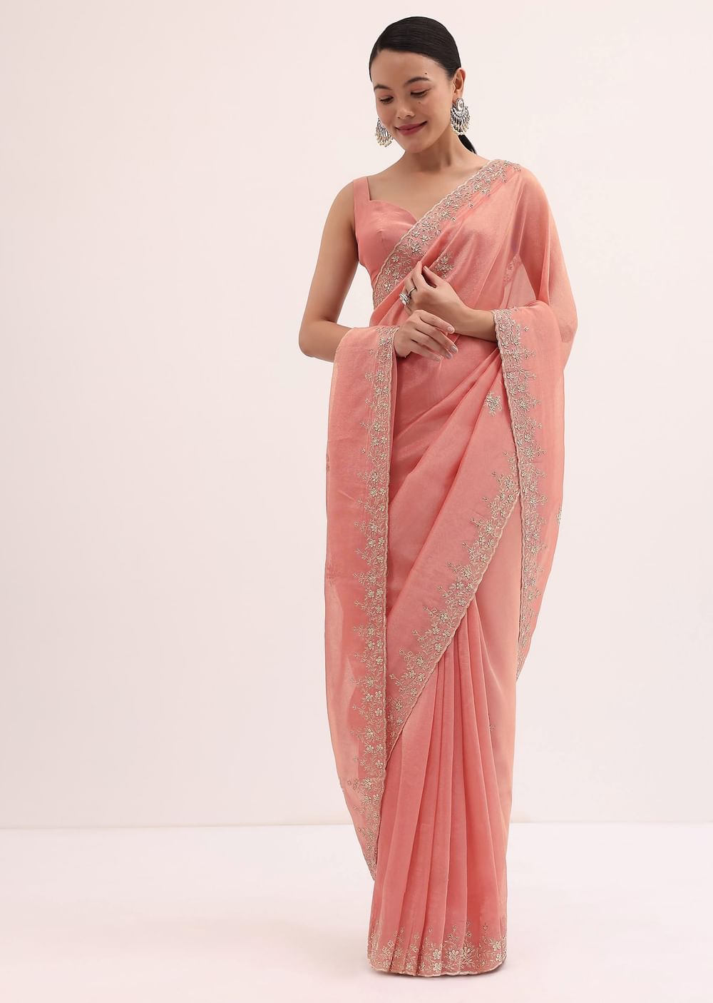 Peach Embroidered Tissue Saree With Unstitched Blouse