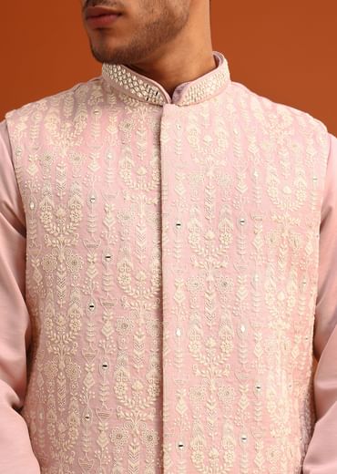 Peach Green Linen Silk Mirror Work Jacket Kurta Set