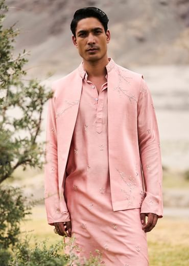 Peach Hand Embroidered Linen Bandi Kurta Set