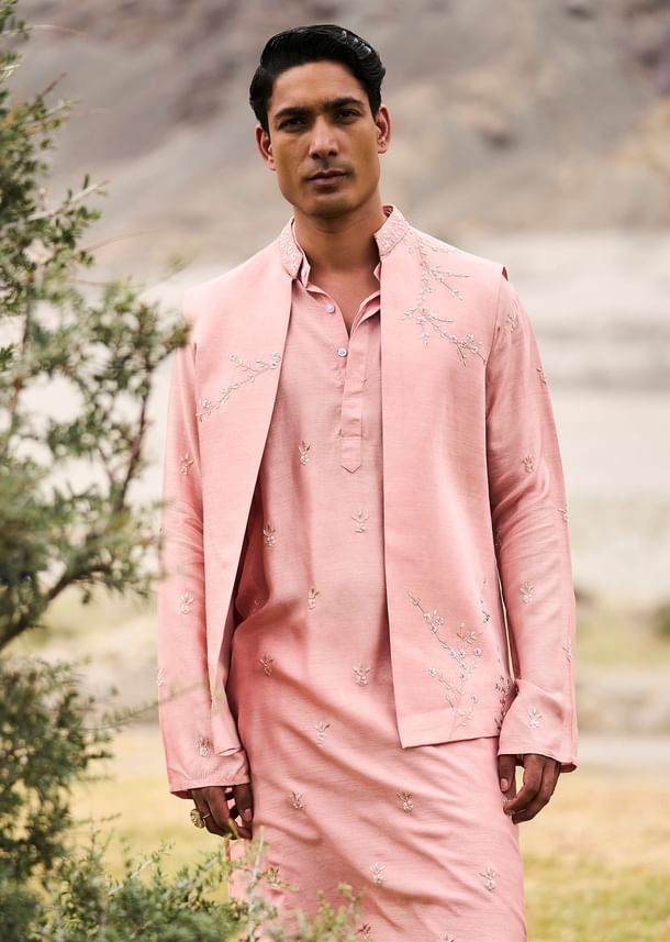 Peach Hand Embroidered Linen Bandi Kurta Set Peach Hand Embroidered Linen Bandi Kurta Set