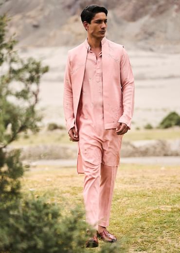 Peach Hand Embroidered Linen Bandi Kurta Set