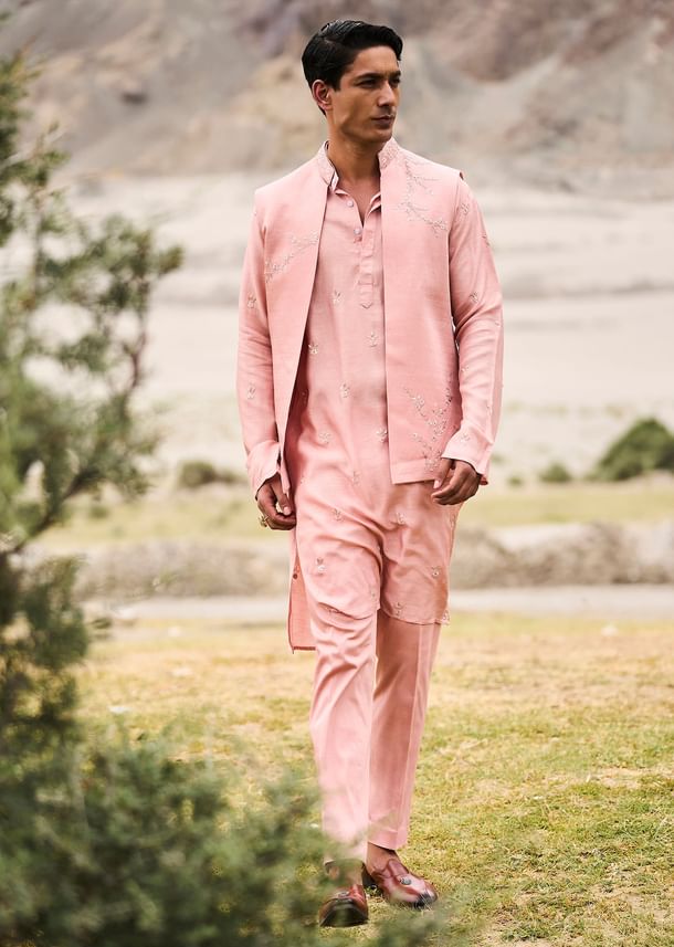 Peach Hand Embroidered Linen Bandi Kurta Set Peach Hand Embroidered Linen Bandi Kurta Set