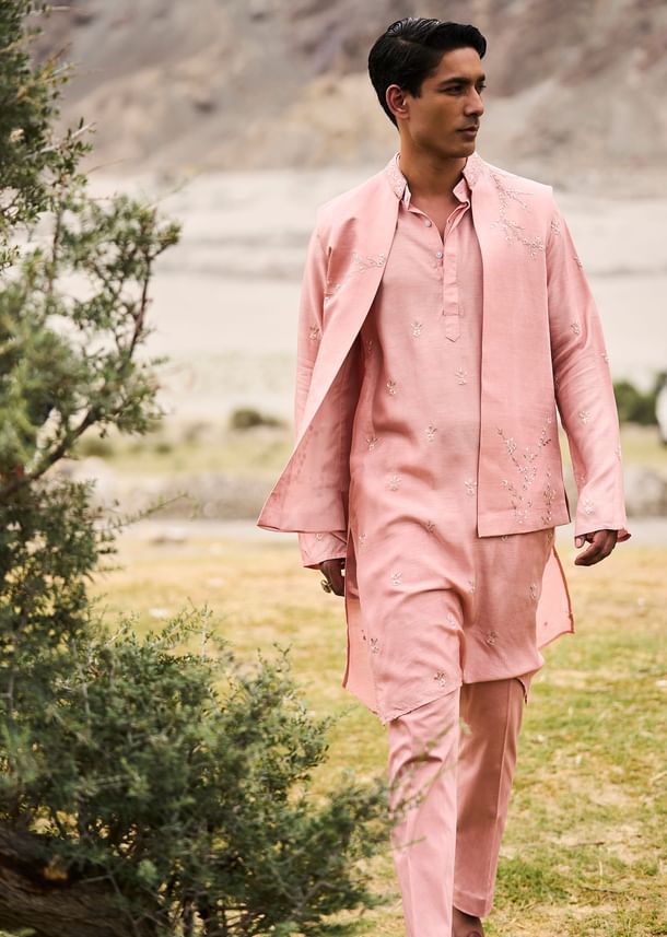 Peach Hand Embroidered Linen Bandi Kurta Set Peach Hand Embroidered Linen Bandi Kurta Set