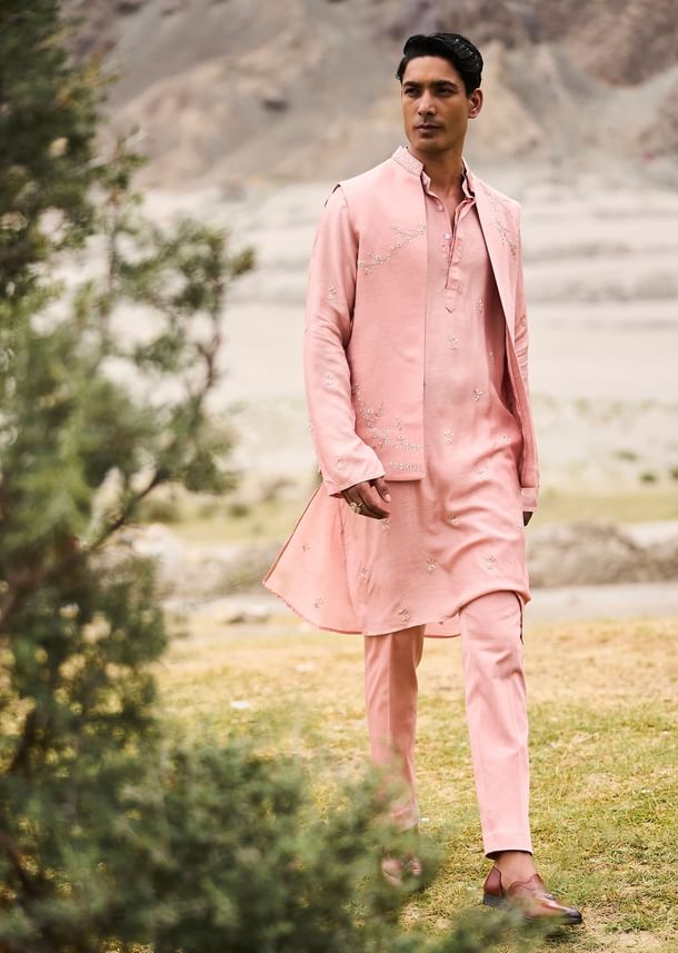 Peach Hand Embroidered Linen Bandi Kurta Set Peach Hand Embroidered Linen Bandi Kurta Set