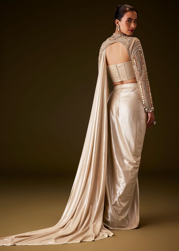 Peach Hand Embroidered Skirt Set With Cape