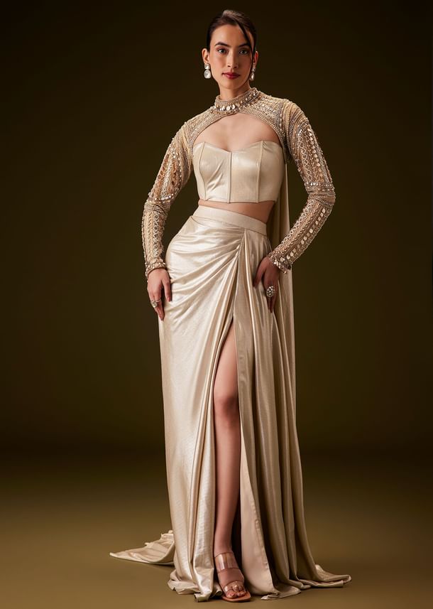 Peach Hand Embroidered Skirt Set With Cape