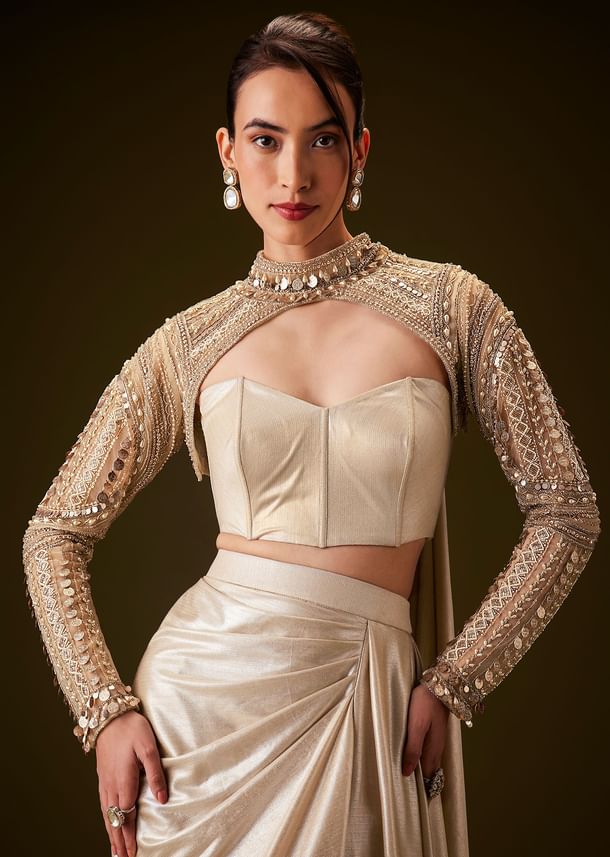 Peach Hand Embroidered Skirt Set With Cape