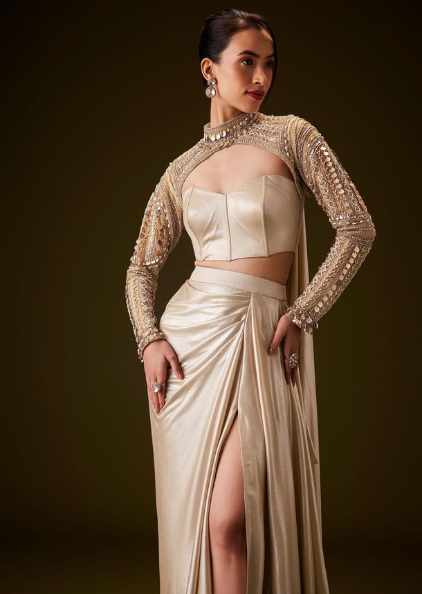 Peach Hand Embroidered Skirt Set With Cape