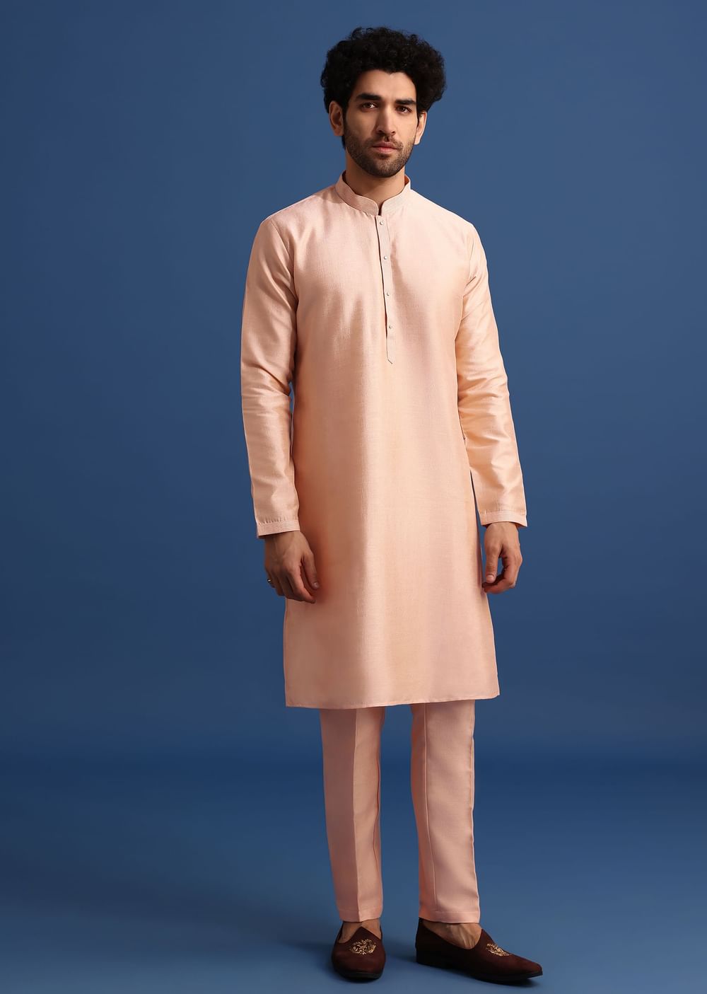Peach Kurta Jacket Set With Zari Work And Mirror Embroidery For Men