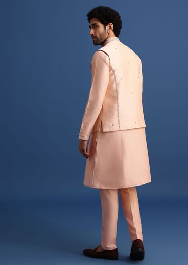 Peach Kurta Jacket Set With Zari Work And Mirror Embroidery For Men