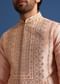 Peach Kurta Jacket Set With Zari Work And Mirror Embroidery For Men