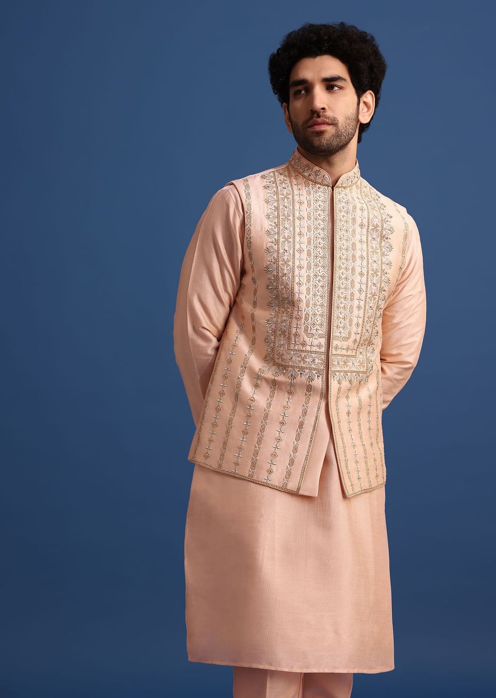 Peach Kurta Jacket Set With Zari Work And Mirror Embroidery For Men