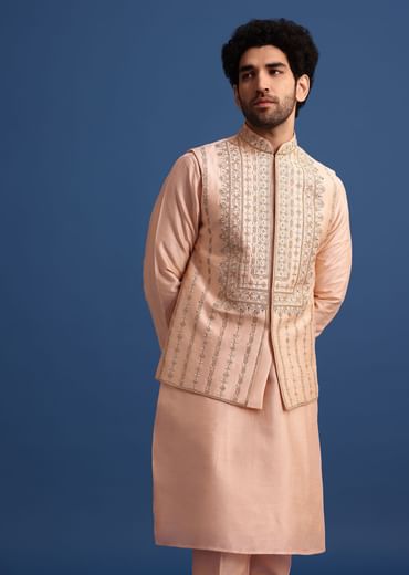 Peach Kurta Jacket Set With Zari Work And Mirror Embroidery For Men