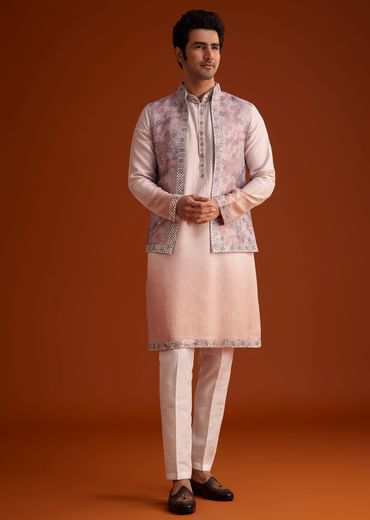 Peach Kurta Set With Embellished Nehru Jacket