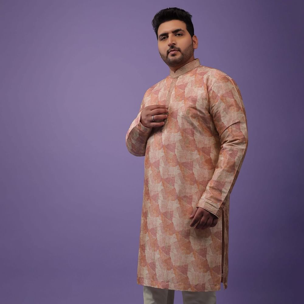 Peach Kurta Set In Bangalore Silk With Print And Brocade Weave Buttis